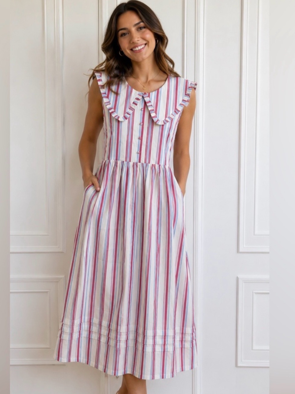 Caroline Constas Sailor Collar Striped Maxi Dress Pink Blue Cotton Large NWT